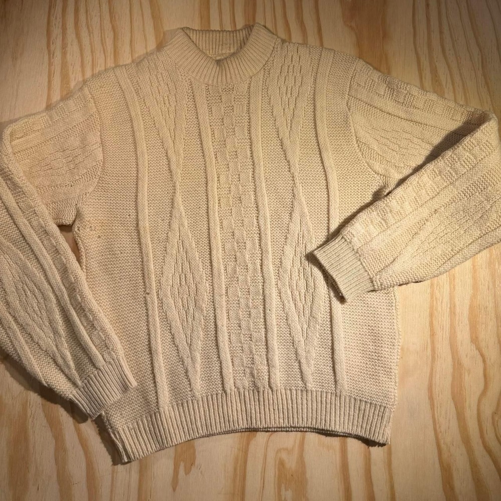 Vintage Brent Montgomery Ward Mens XL Cream 100% Virgin Wool Cable Knit Sweater